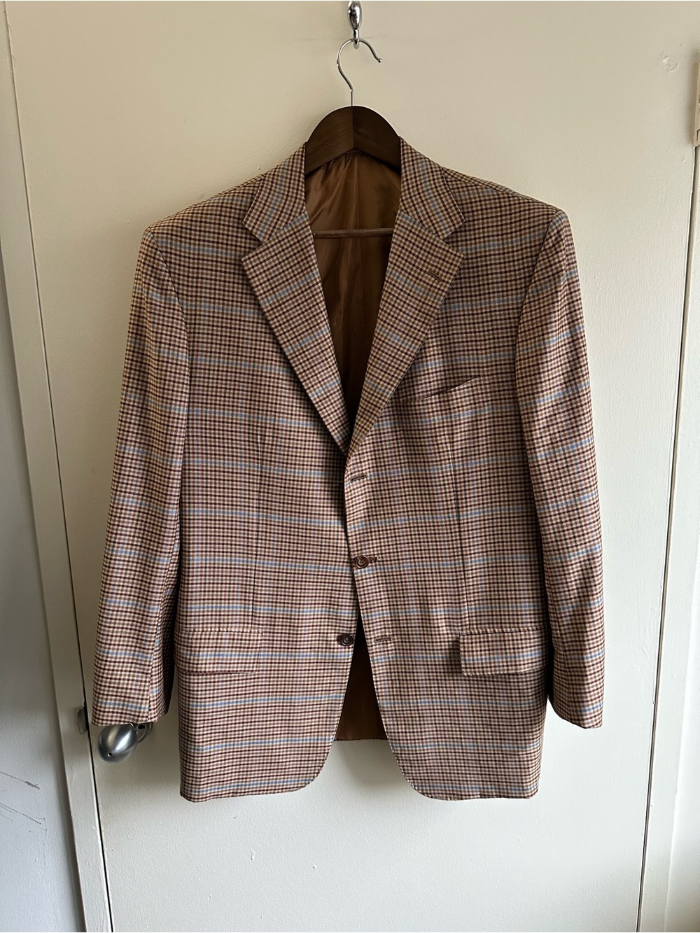 Modern Kiton 100% Cashmere Glen Plaid Blazer Tan and Blue 3 Roll 2 EU52/US41